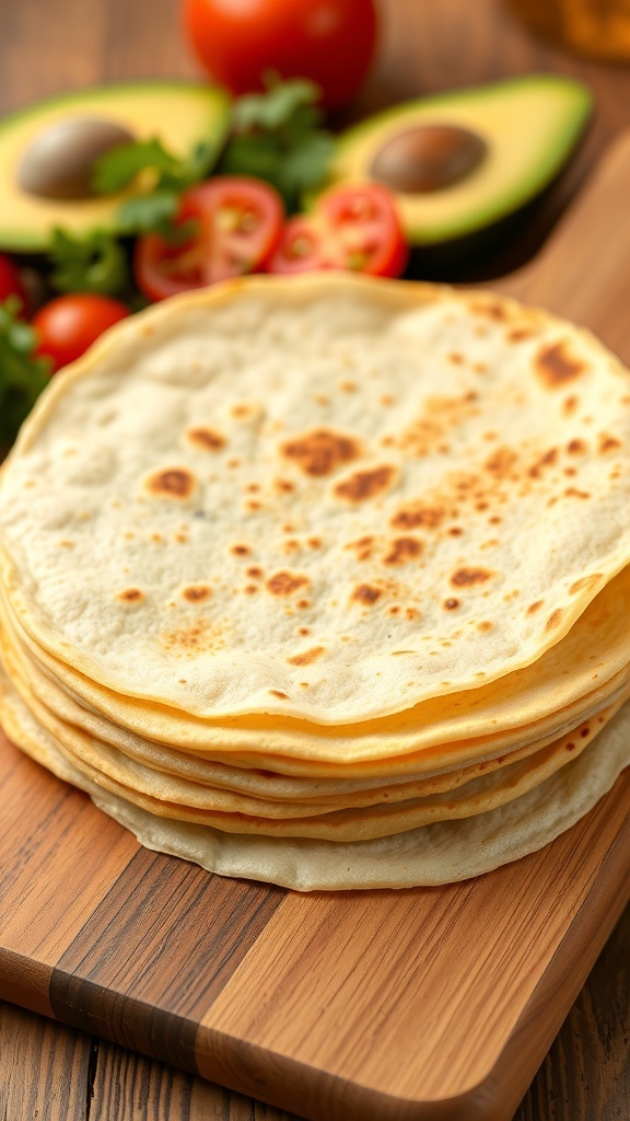 A stack of golden brown low carb tortillas on a wooden board, surrounded by fresh ingredients.